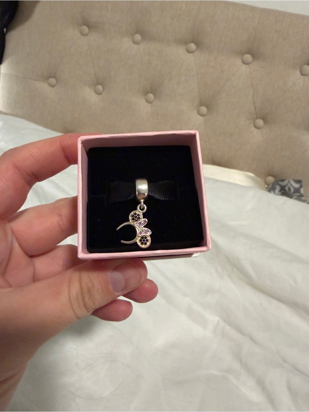 Silver Minnie Mouse ears Disney Charm with Pink and Black Crystals pandora box